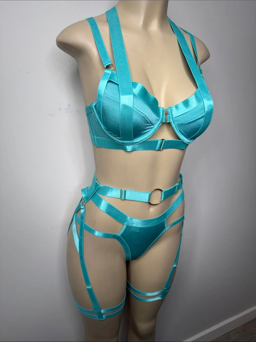 Strappy Turquoise Lingerie Set with Garter Accents